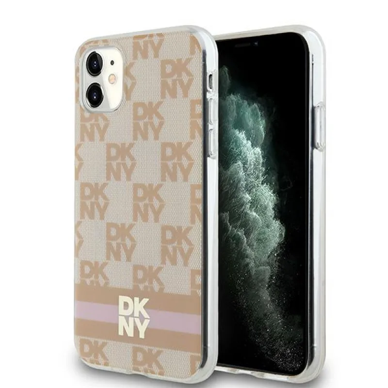 Puzdro MagSafe DKNY IML s kockovaným mono vzorom a tlačenými pruhmi pre iPhone 11 / Xr - ružové