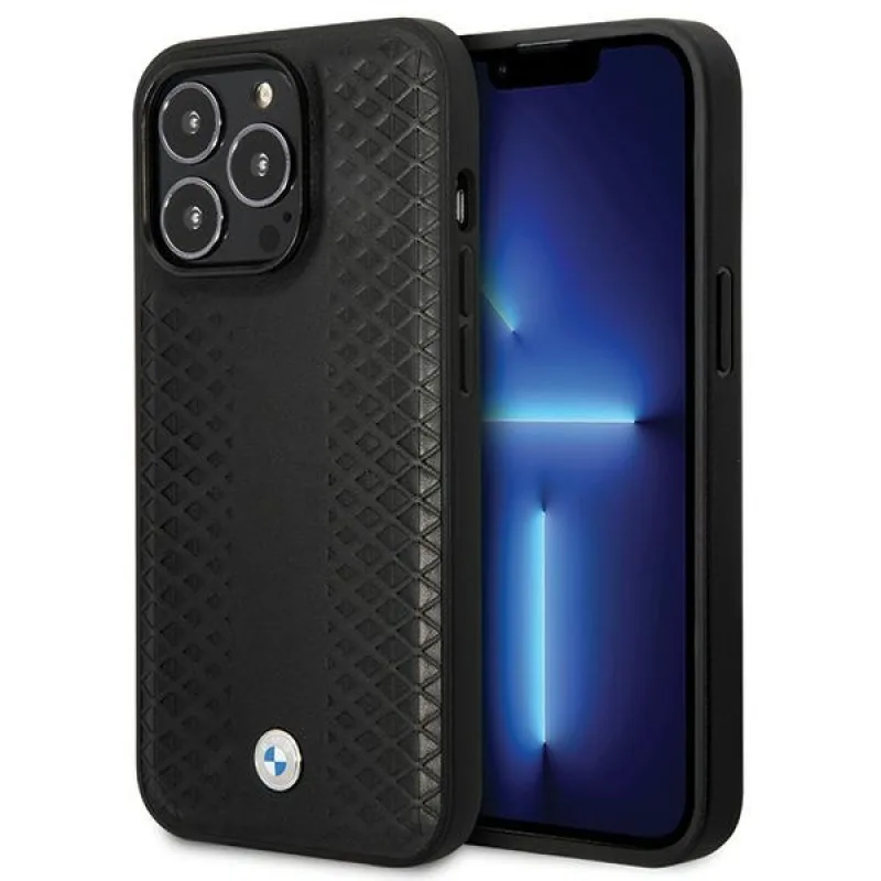 Kožené puzdro BMW Diamond Pattern pre iPhone 14 Pro - čierne