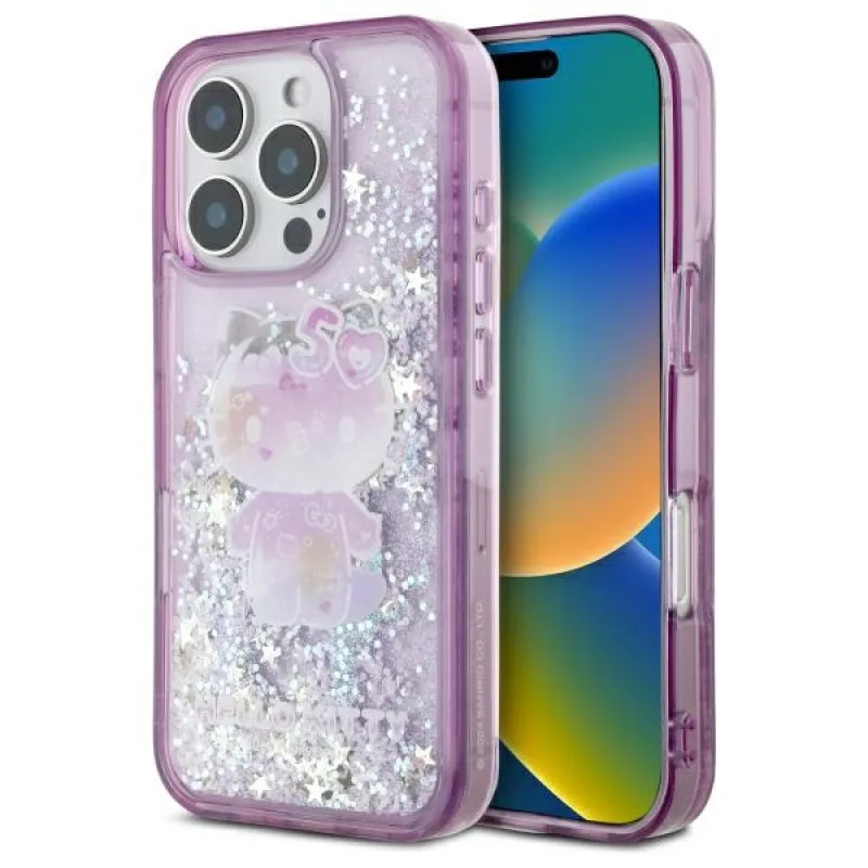 Puzdro Hello Kitty Liquid Glitter 50th Anniversary Party na iPhone 16 Pro – fialové