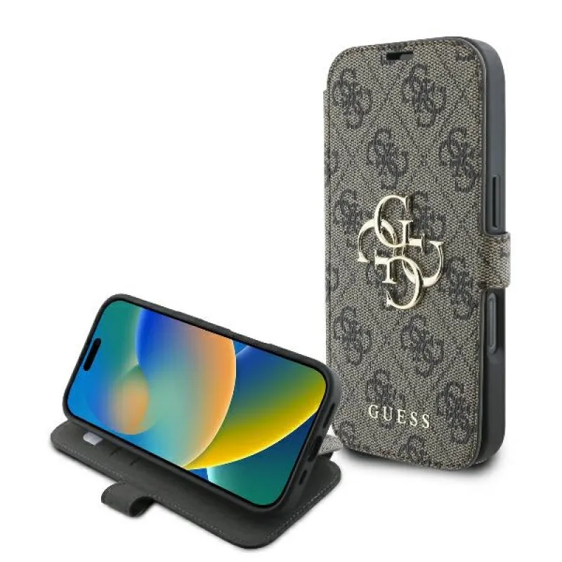 Puzdro Guess 4G s kovovým logom iPhone 16 Pro – hnedé