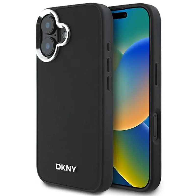 Obal DKNY Plain Silver Logo MagSafe iPhone 16 – čierny