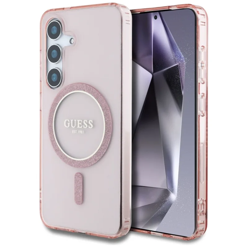 Puzdro Guess Glitter Circle Classic Logo MagSafe pre Samsung Galaxy S25 Pink