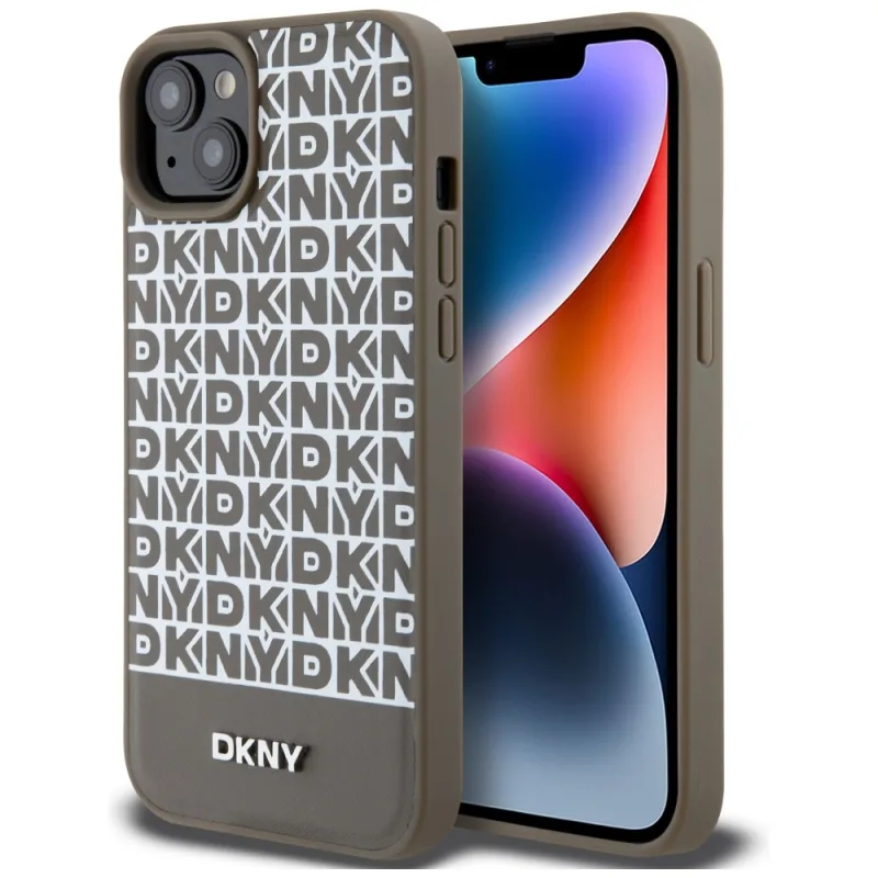 Kožené puzdro DKNY s potlačou kovového loga MagSafe pre iPhone 15 / 14 / 13 - hnedé