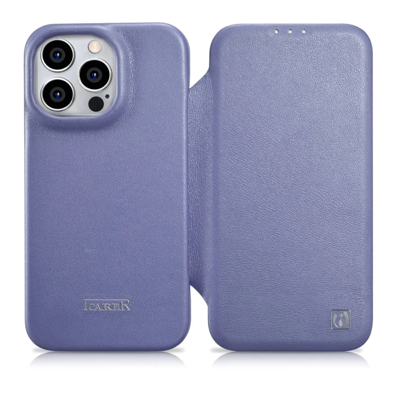 Prémiové kožené fóliové puzdro iCarer CE iPhone 14 Pro magnetické flipové kožené puzdro MagSafe svetlo fialové (WMI14220714-LP)