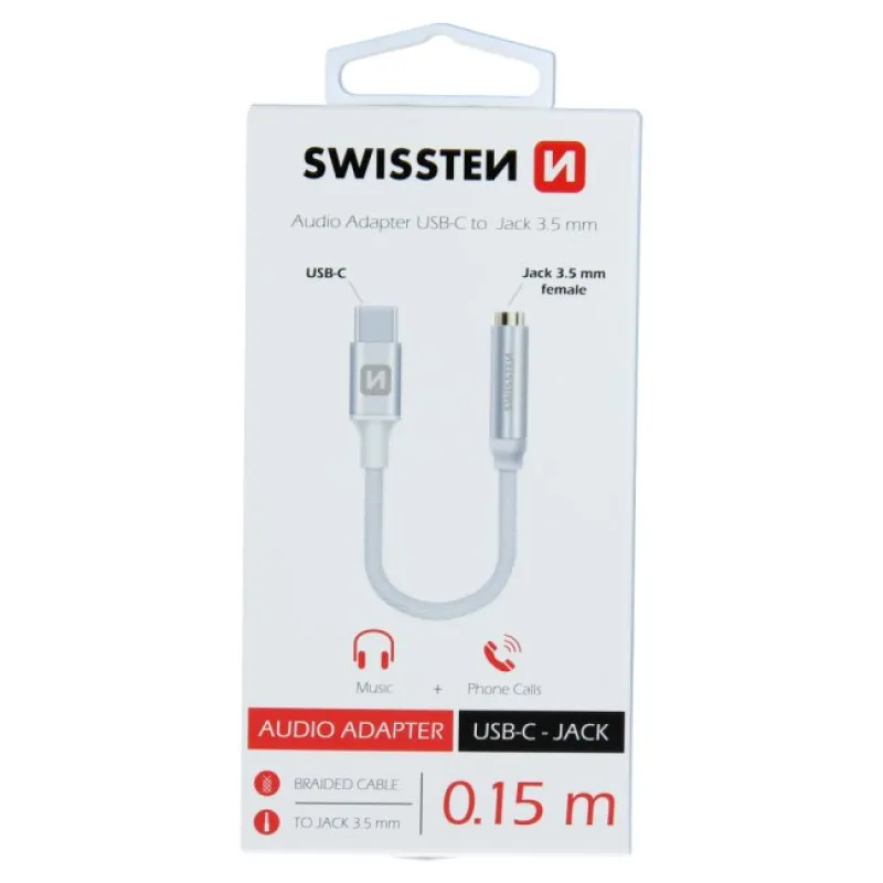 Swissten Audio Adapter Textile USB-C/Jack 0,15m, silver 73501302