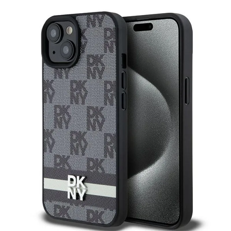 Kožené puzdro DKNY s kockovaným mono vzorom a tlačenými pruhmi pre iPhone 15 Plus / 14 Plus – čierne
