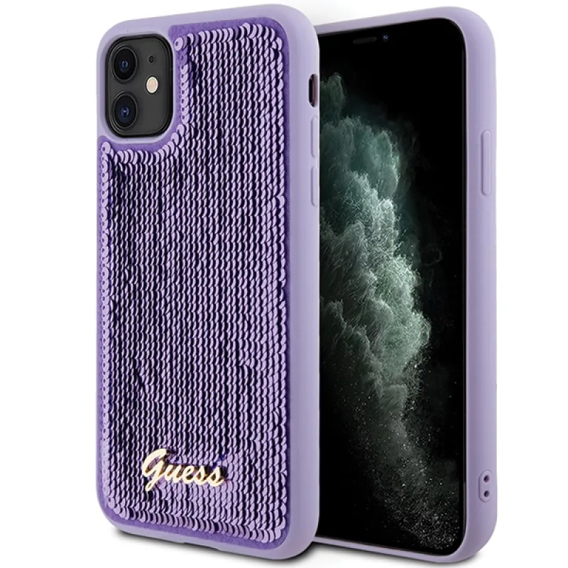 Guess Sequin Script Kovové puzdro pre iPhone 11 / Xr - fialové