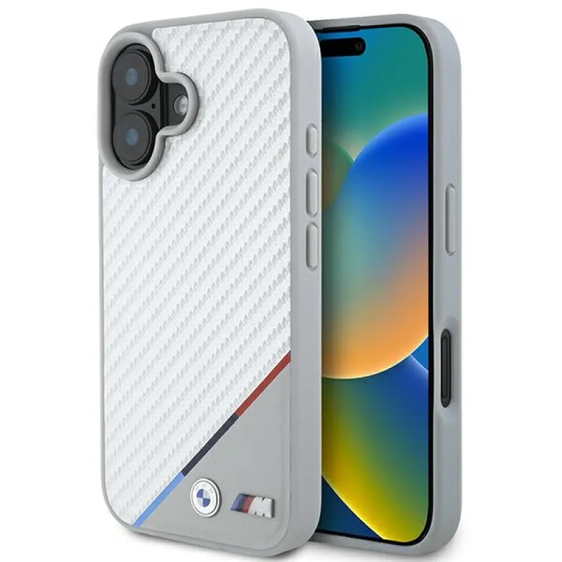 BMW M Carbon Tricolor Line MagSafe obal na iPhone 16 – sivý
