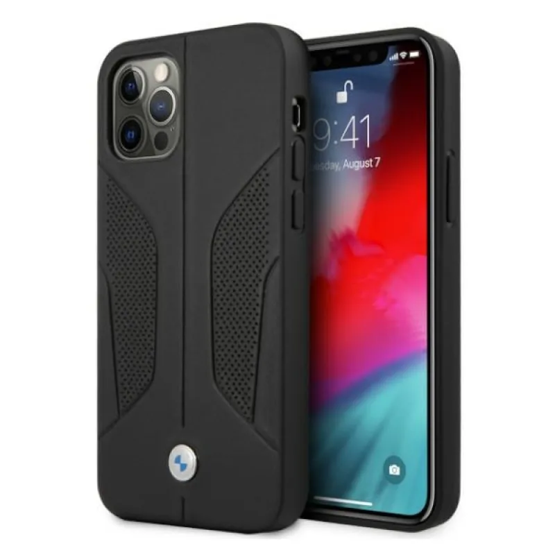 BMW kožené perforované bočné puzdro pre iPhone 12 / iPhone 12 Pro - čierne