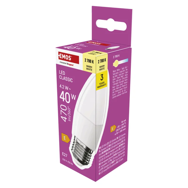 EMOS LED CLS CANDLE 4, 2 W (40 W) 470lm E27 WW 1525733289