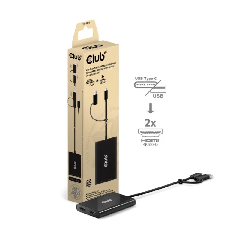 Club3D Video rozbočovač USB-C/ A na 2xHDMI 2.0, Dual Monitor, 4K60Hz…