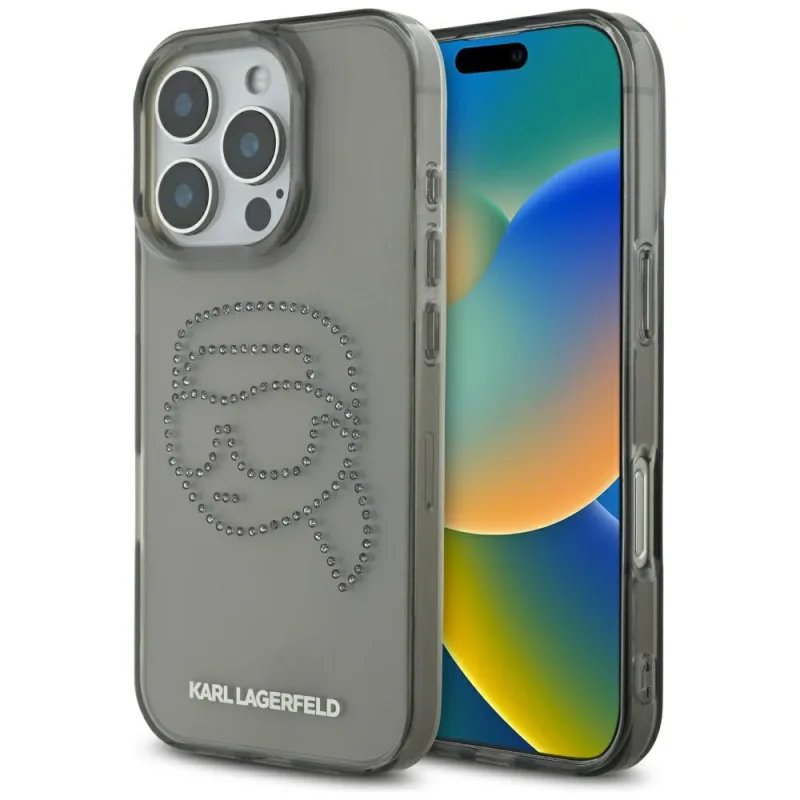Kryt Karl Lagerfeld IML Rhinestones Karl Head pre iPhone 16 Pro Black