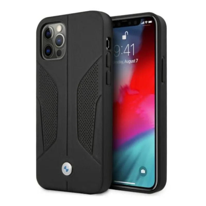 BMW kožené perforované bočné puzdro pre iPhone 12 Pro Max - čierne