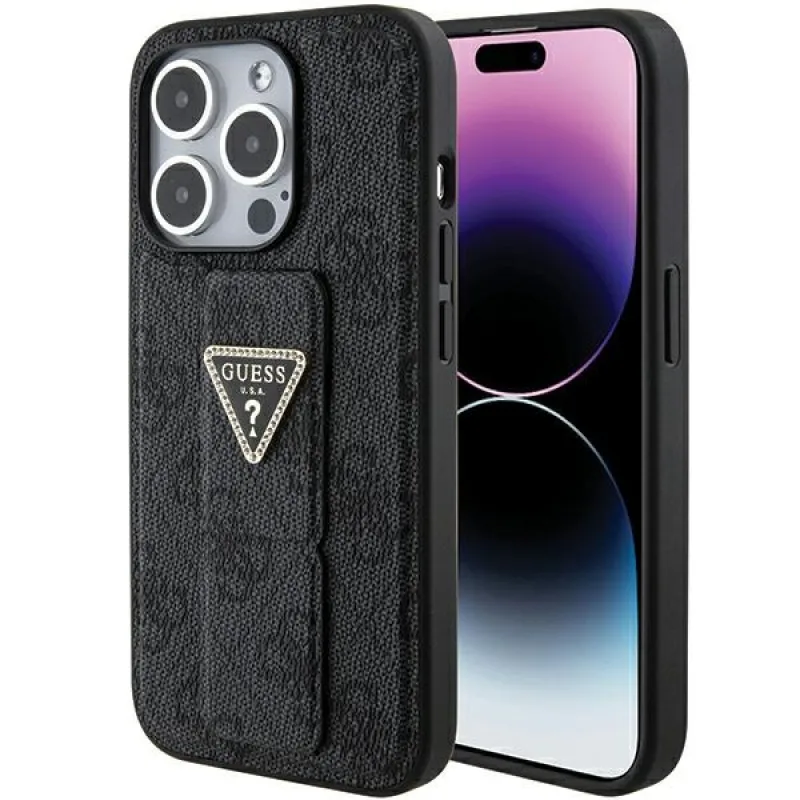Guess Grip Stand 4G puzdro Triangle Strass pre iPhone 15 Pro - čierne