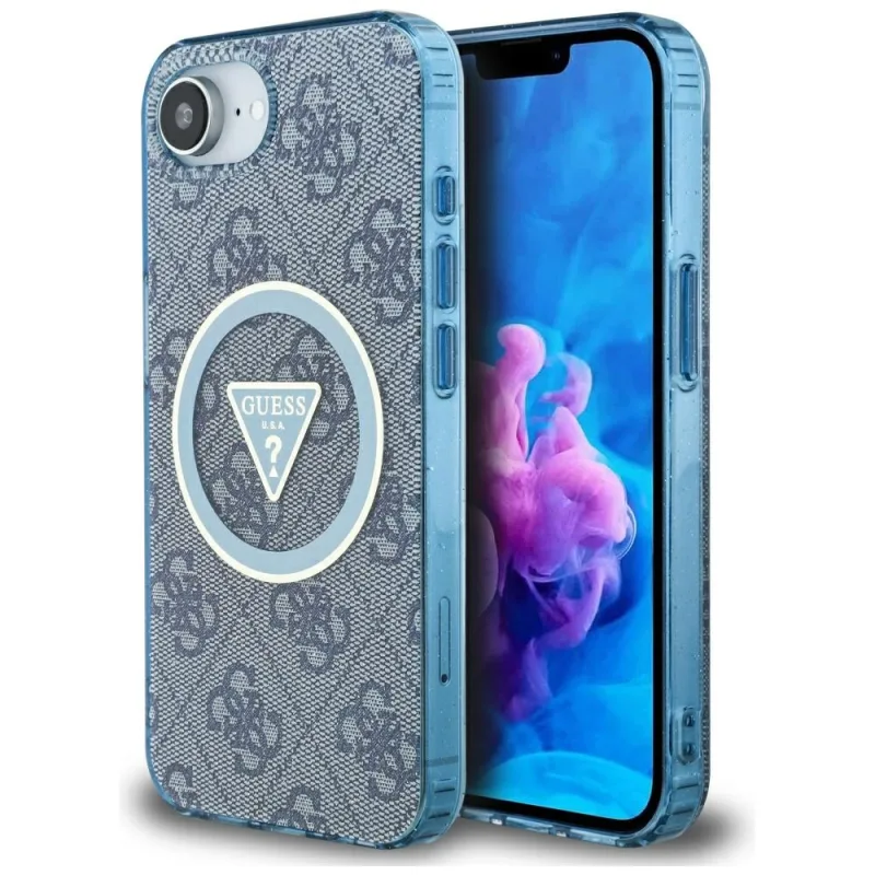 Puzdro Guess IML Metal Glitter 4G Circle Triangle MagSafe Case pre iPhone 16e – modré