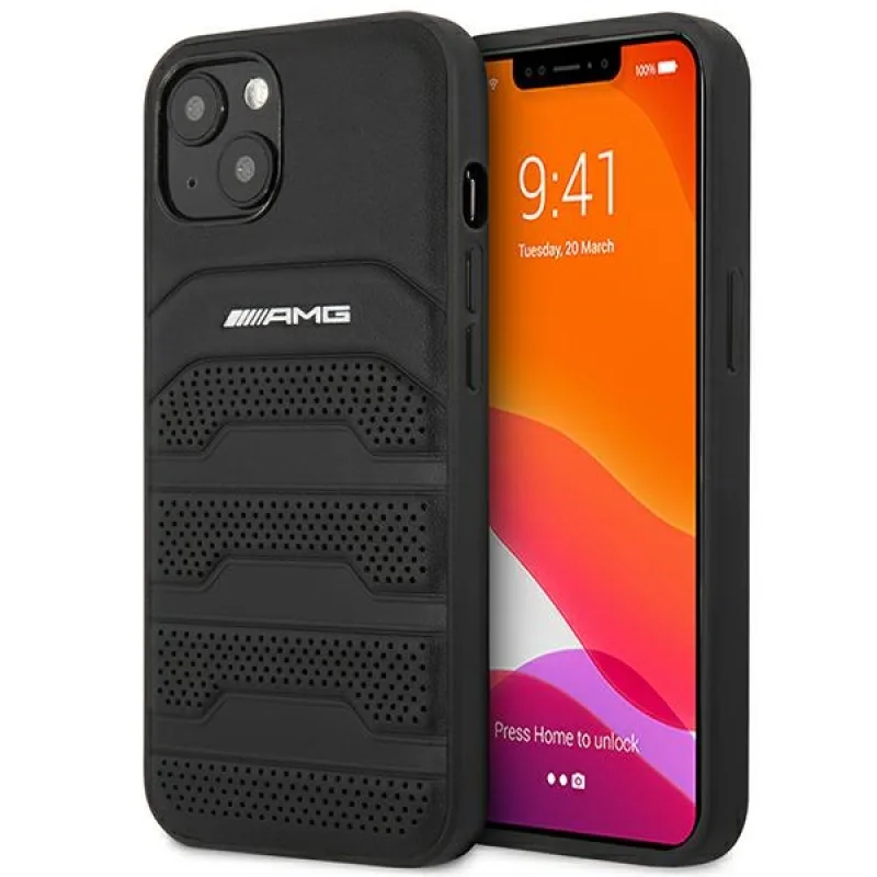 AMG AMHCP14MGSEBK iPhone 14 Plus 6,7 "čierno/čierne pevné puzdro Kožené vytlačené línie