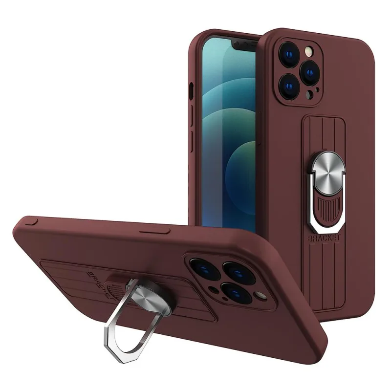 Silikónové puzdro Ring Case s uchopením na prsty a stojanom pre Samsung Galaxy A42 5G hnedé