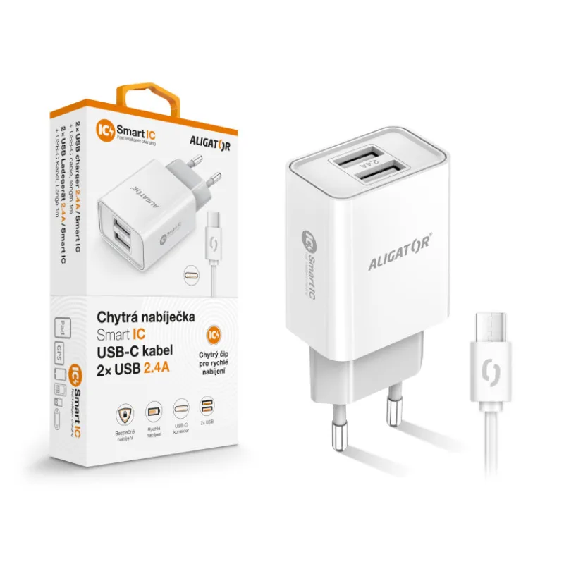 Múdra sieťová nabíjačka ALIGATOR 2, 4A, 2xUSB, smart IC, biela, USB-C…