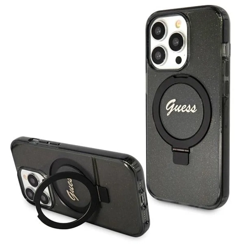 Puzdro Guess Ring Stand Script Glitter MagSafe pre iPhone 14 Pro - čierne