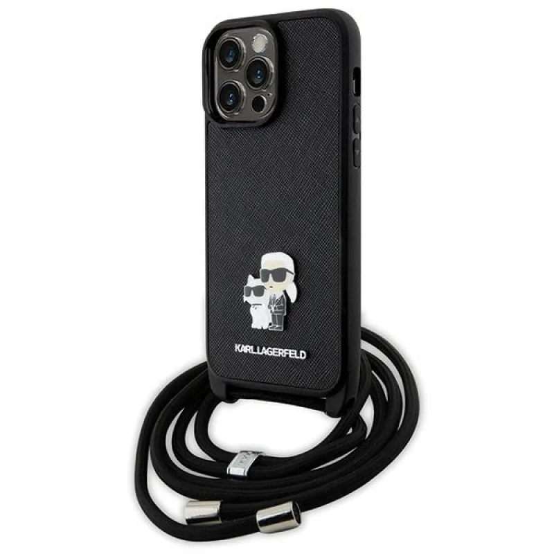 Puzdro Karl Lagerfeld KLHCP14XSAKCPSK pre iPhone 14 Pro Max 6,7" pevné puzdro - čierne Crossbody Saffiano Metal Pin Karl&Choupette