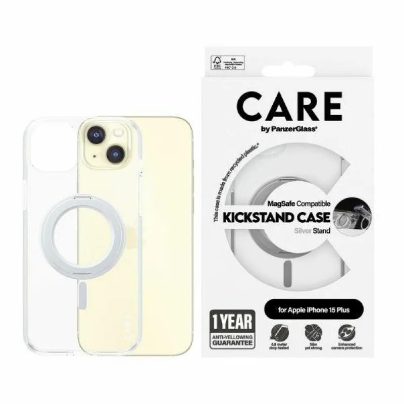 CARE by PanzerGlass Kickstand Case MagSafe pre iPhone 15 Plus - strieborný
