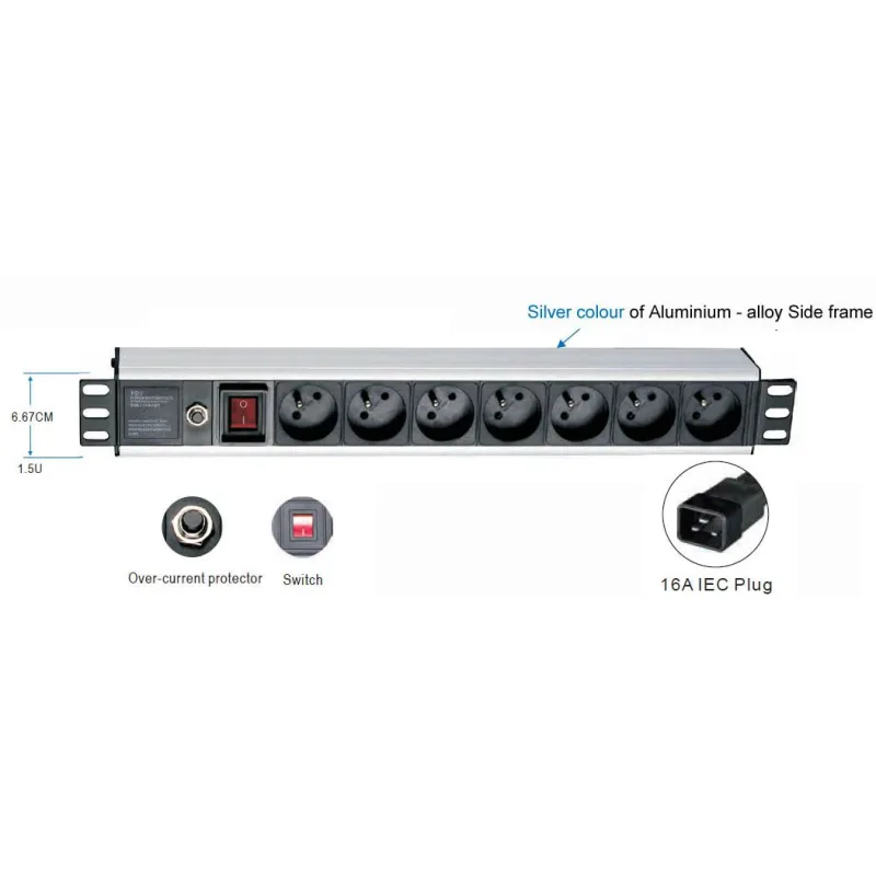 19" rozvodný panel 1, 5 U, 7x220V, koncovka IEC C19, 16A 9612