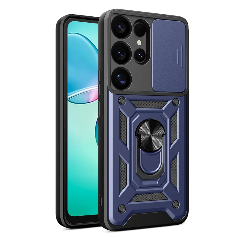 Hybridný Armor Camshield s krytom fotoaparátu a kovovým krúžkom pre Samsung Galaxy S25 Ultra – modrý