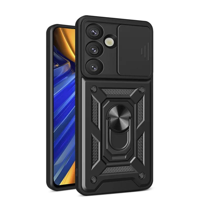 Hybrid Armor Camshield s krytom fotoaparátu a kovovým krúžkom pre Samsung Galaxy S25 – čierny