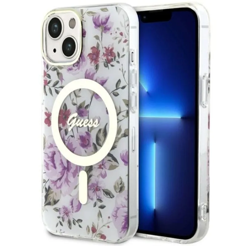 Guess GUHMP14MHCFWST iPhone 14 Plus 6,7" priehľadné pevné puzdro Flower MagSafe