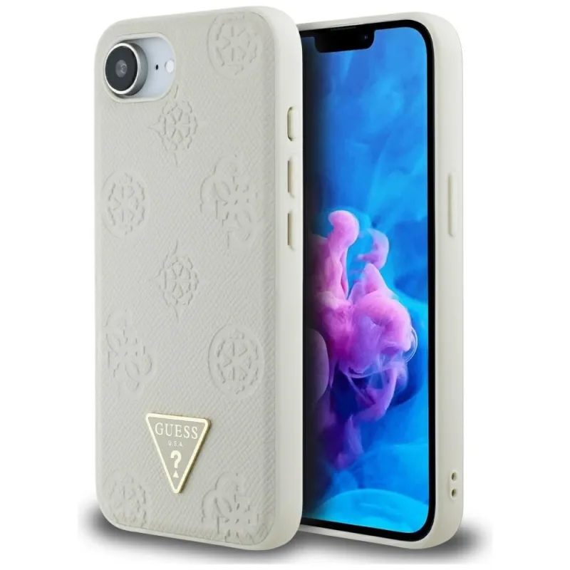 Guess Grained Hot Stamp Peony Triangle Logo MagSafe puzdro pre iPhone 16e - béžové