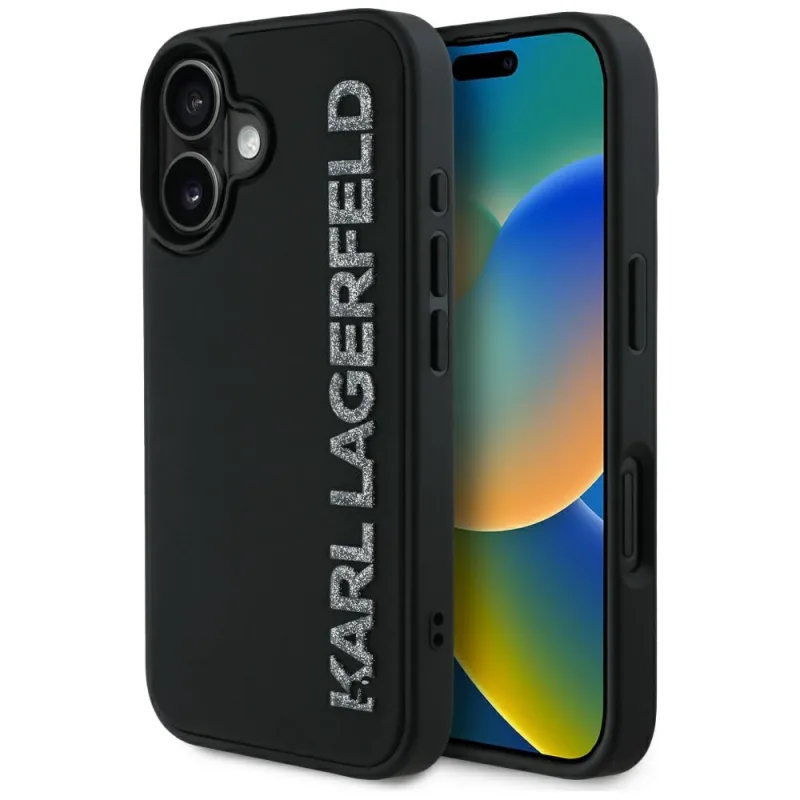 Karl Lagerfeld HC 3D gumené predĺžené trblietavé puzdro na iPhone 16 – čierne
