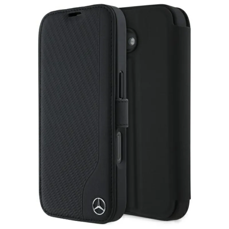 Puzdro Mercedes Leather Wood Imitation iPhone 16 – čierne