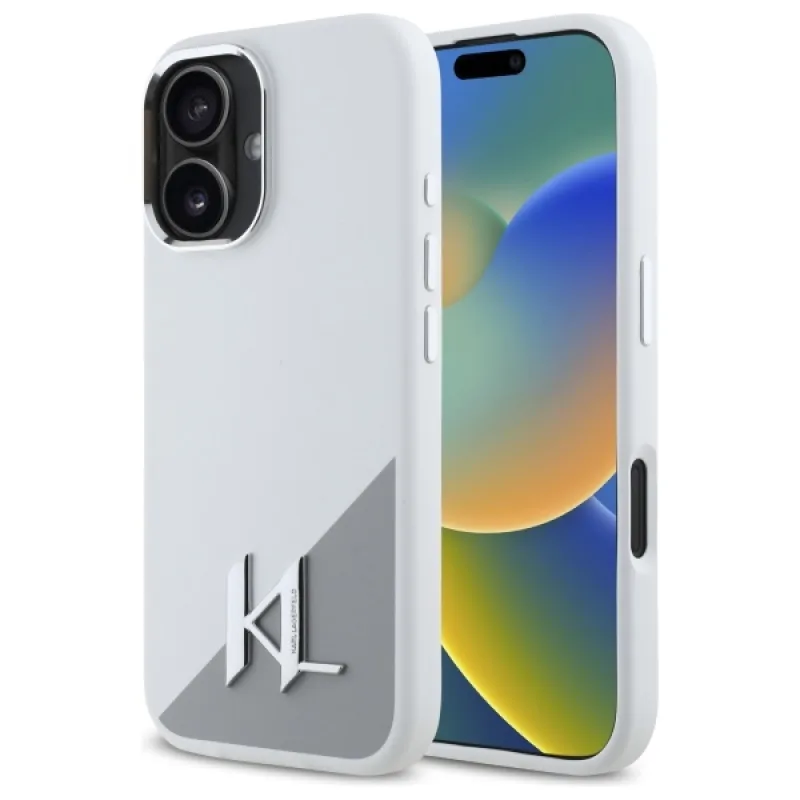 Karl Lagerfeld silikónové počiatočné kovové logo MagSafe iPhone 16 puzdro – biele