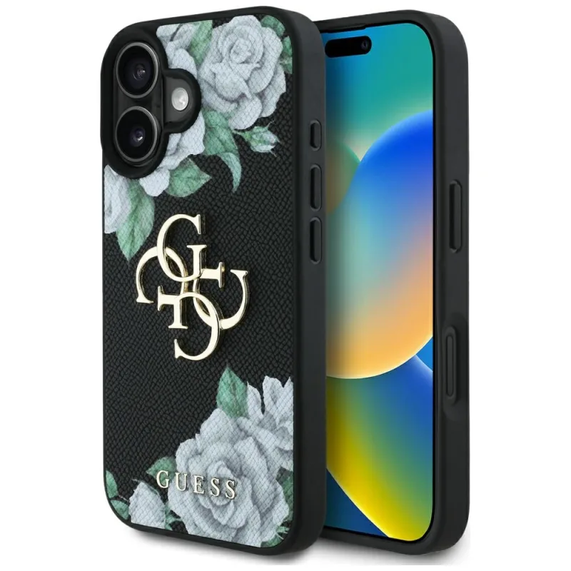 Puzdro s logom Guess Grained Roses Big 4G pre iPhone 16 - čierne