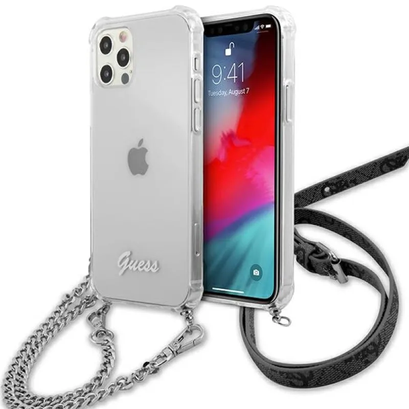 Guess GUHCP12MKC4GSSI iPhone 12/12 Pro 6,1" priehľadné pevné puzdro 4G strieborná retiazka