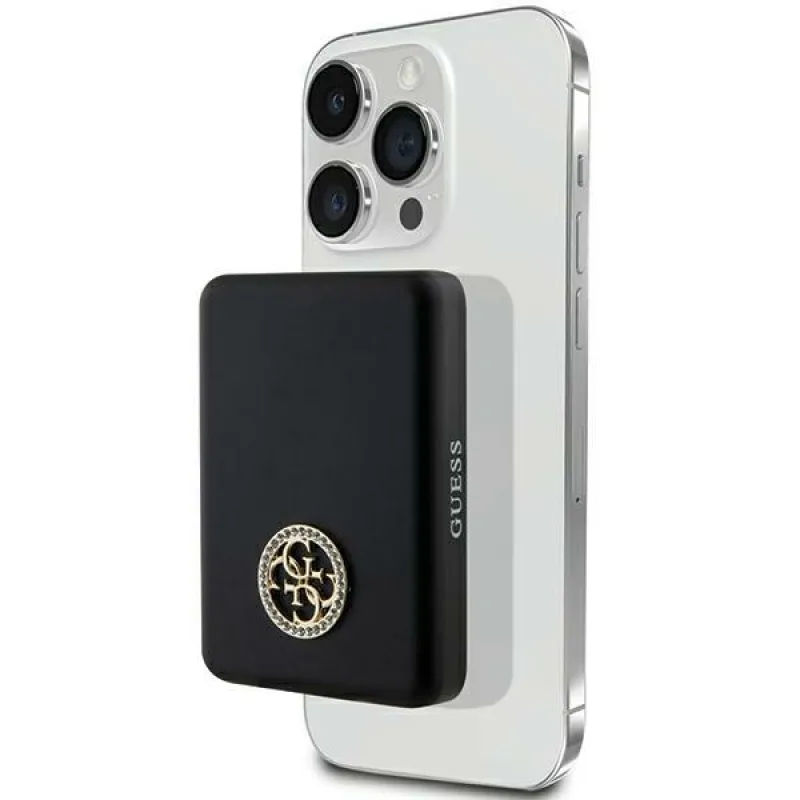 Indukčná power banka Guess MagSafe 4G Strassed Metal Logo 15W 5000mAh - čierna