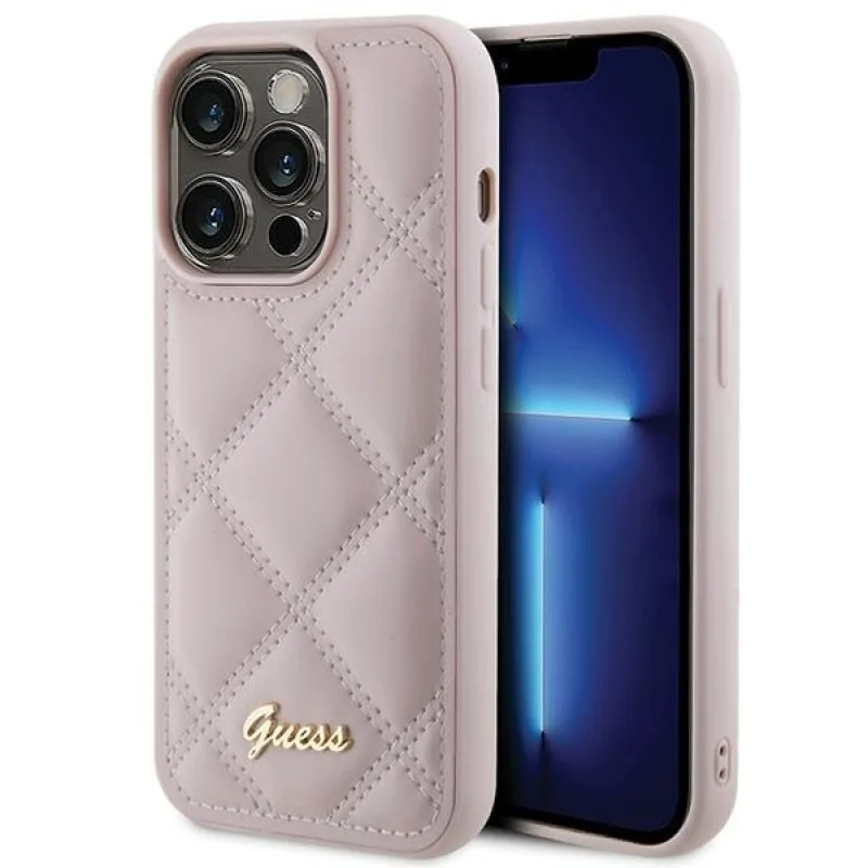 Obal Guess Quilted Metal Logo pre iPhone 15 Pro - ružový