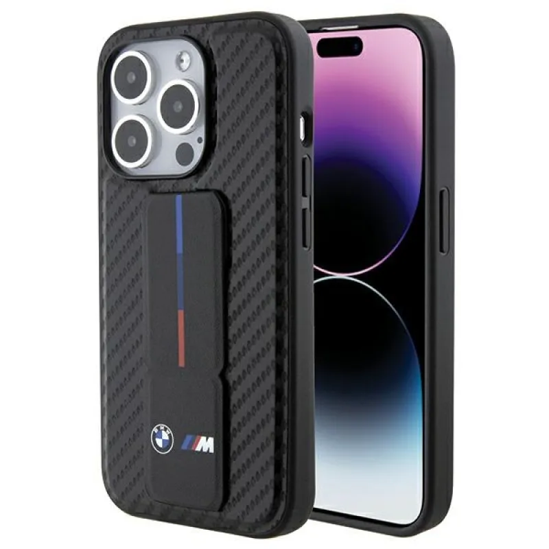 BMW Grip Stand Smooth & Carbon puzdro pre iPhone 15 Pro - čierne