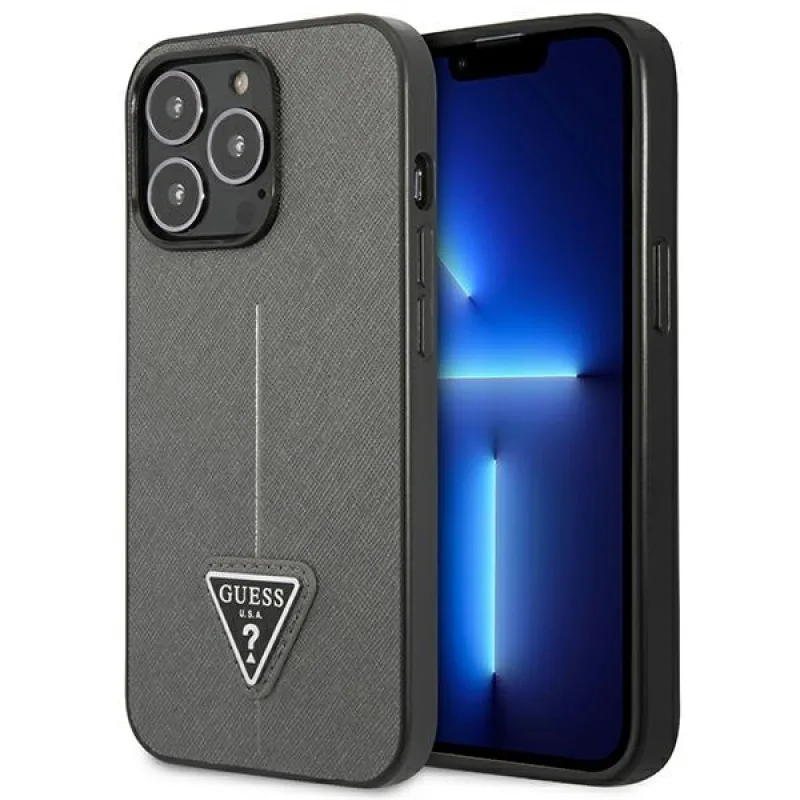 Guess GUHCP14XPSATLG iPhone 14 Pro Max 6,7 "strieborné/strieborné pevné puzdro SaffianoTriangle Logo