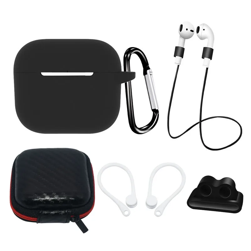Sada silikónového puzdra na slúchadlá AirPods 3 + puzdro/háčik za uši/remienok na krk/držiak na remienok na hodinky/karabínka – čierna