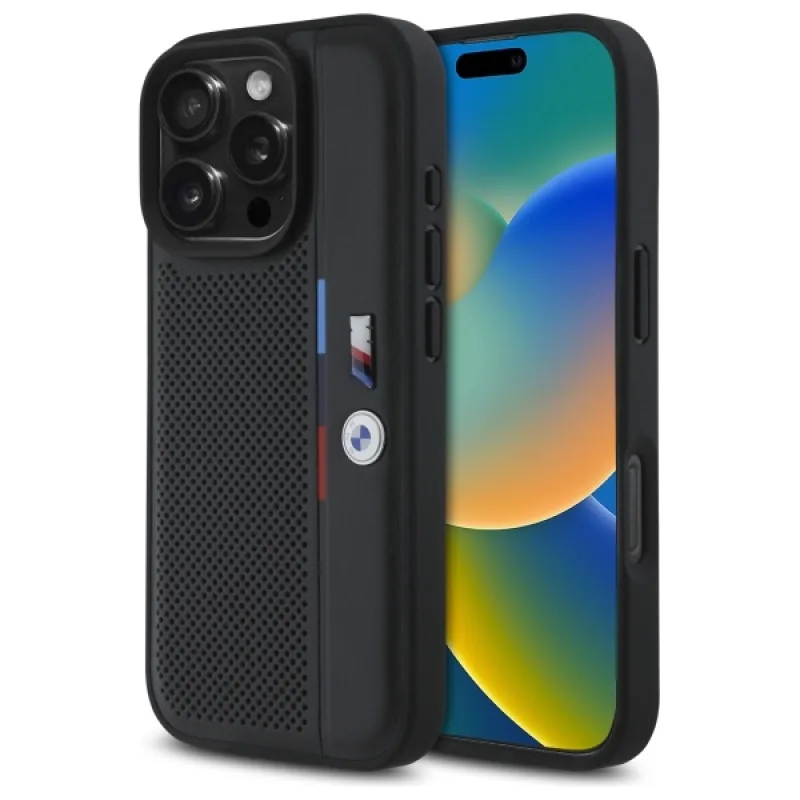BMW M Perforated Tricolor Detail Line Puzdro na iPhone 16 Pro Max – čierne