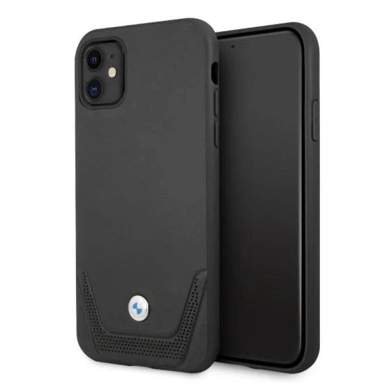 BMW kožené perforované puzdro pre iPhone 11 / Xr - čierne