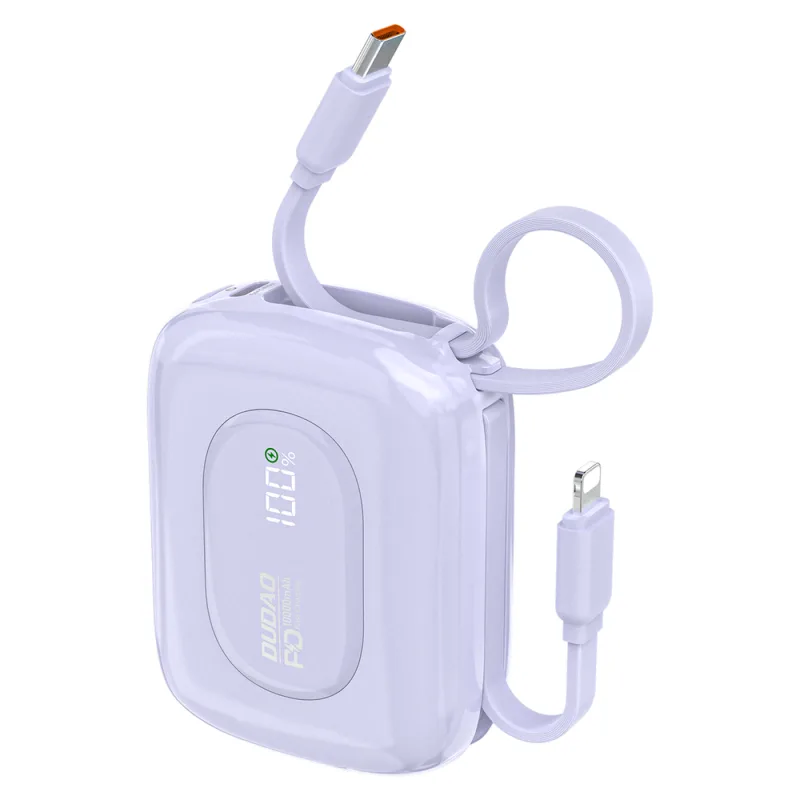 Powerbanka Dudao K32 22,5 W 10 000 mAh so vstavaným káblom USB-C/Lightning – fialová