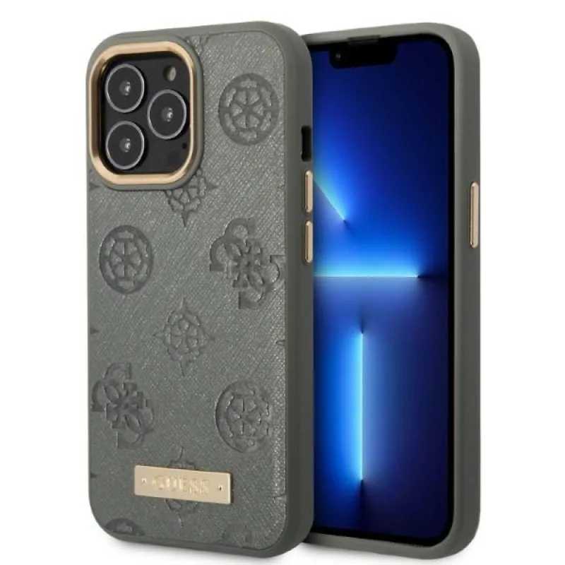 Pevné puzdro Guess GUHMP13XSAPSTG iPhone 13 Pro Max 6,7" sivo/sivé Peony Logo Plate MagSafe