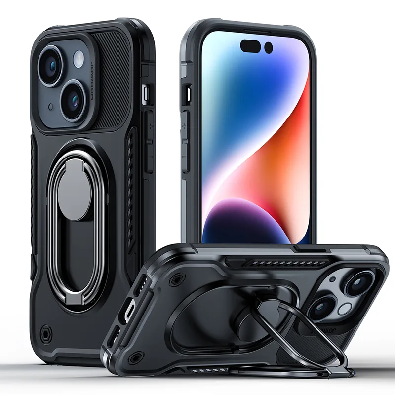 Pancierové puzdro Joyroom Dual Hinge pre iPhone 14 so stojanom a držiakom na prsteň čierne