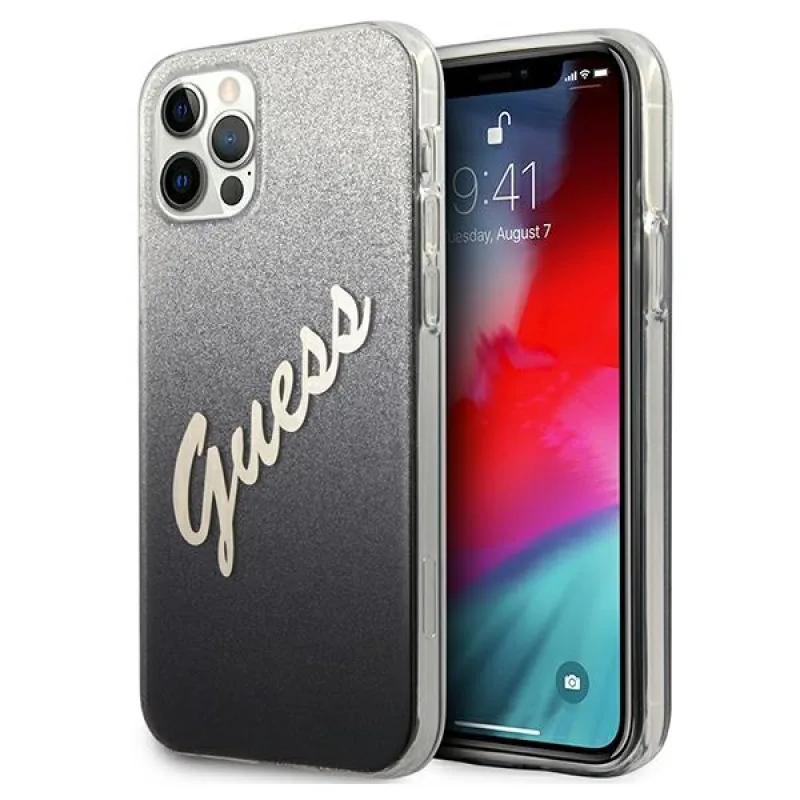 Guess GUHCP12MPCUGLSBK iPhone 12/12 Pro 6,1" čierne/čierne pevné puzdro Glitter Gradient Script