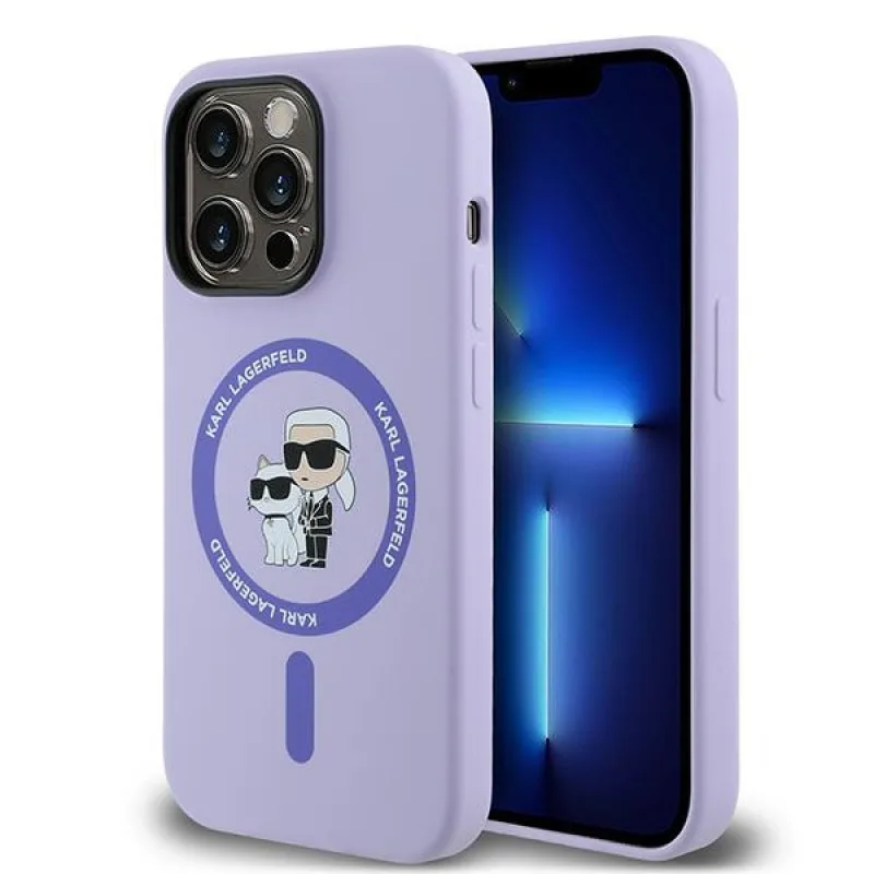 Karl Lagerfeld HC MagSafe silikónové puzdro Karl&Choupette Heads Ring Case pre iPhone 14 Pro – fialové