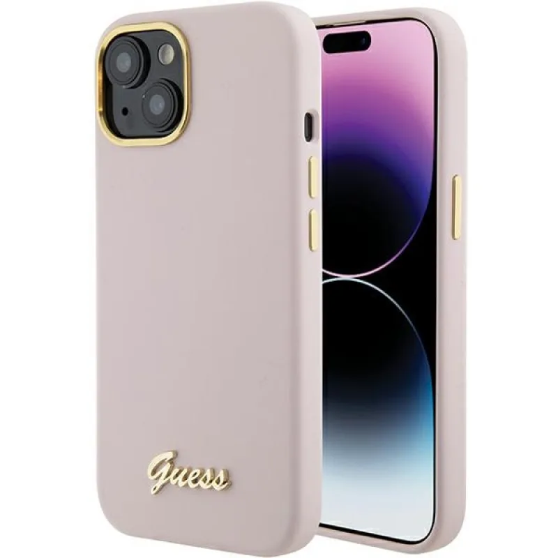 Guess Silicone Script Metal Logo & Frame puzdro pre iPhone 15 - ružové