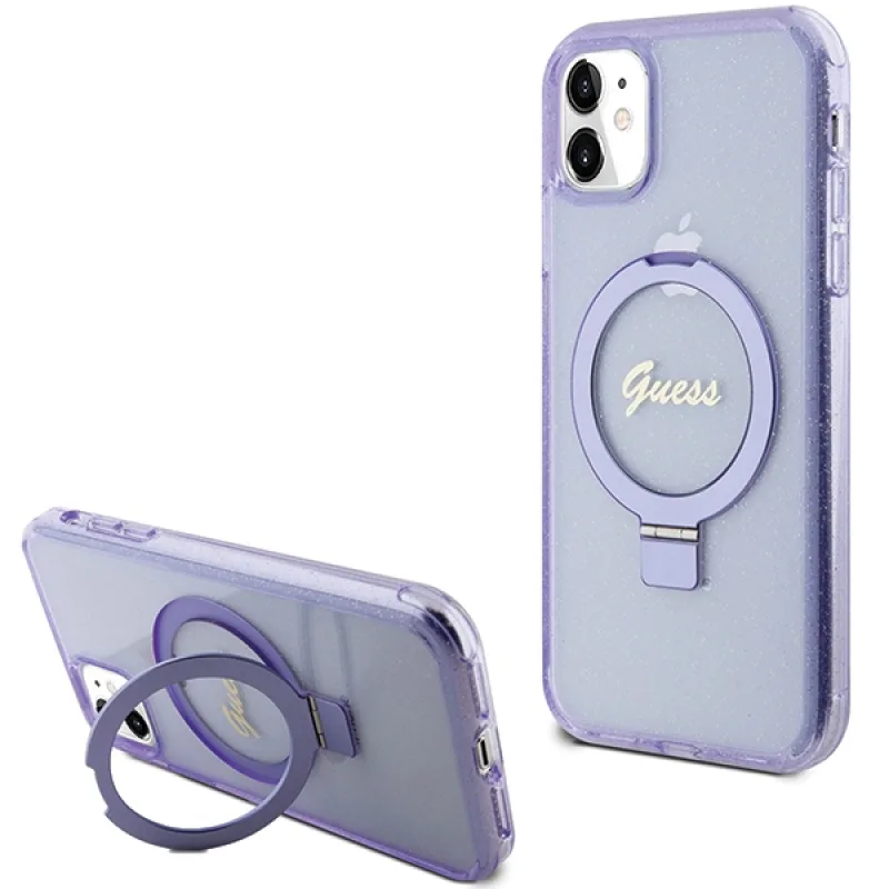 Guess Ring Stand Script Glitter MagSafe puzdro pre iPhone 11 / Xr - fialové