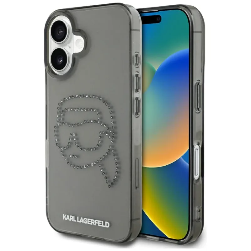 Kryt Karl Lagerfeld IML Rhinestones Karl Head pre iPhone 16 čierny